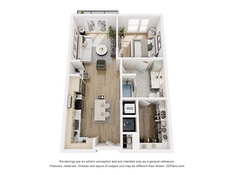 Floor plan for 1 bed, 1 bath, 740 sqft